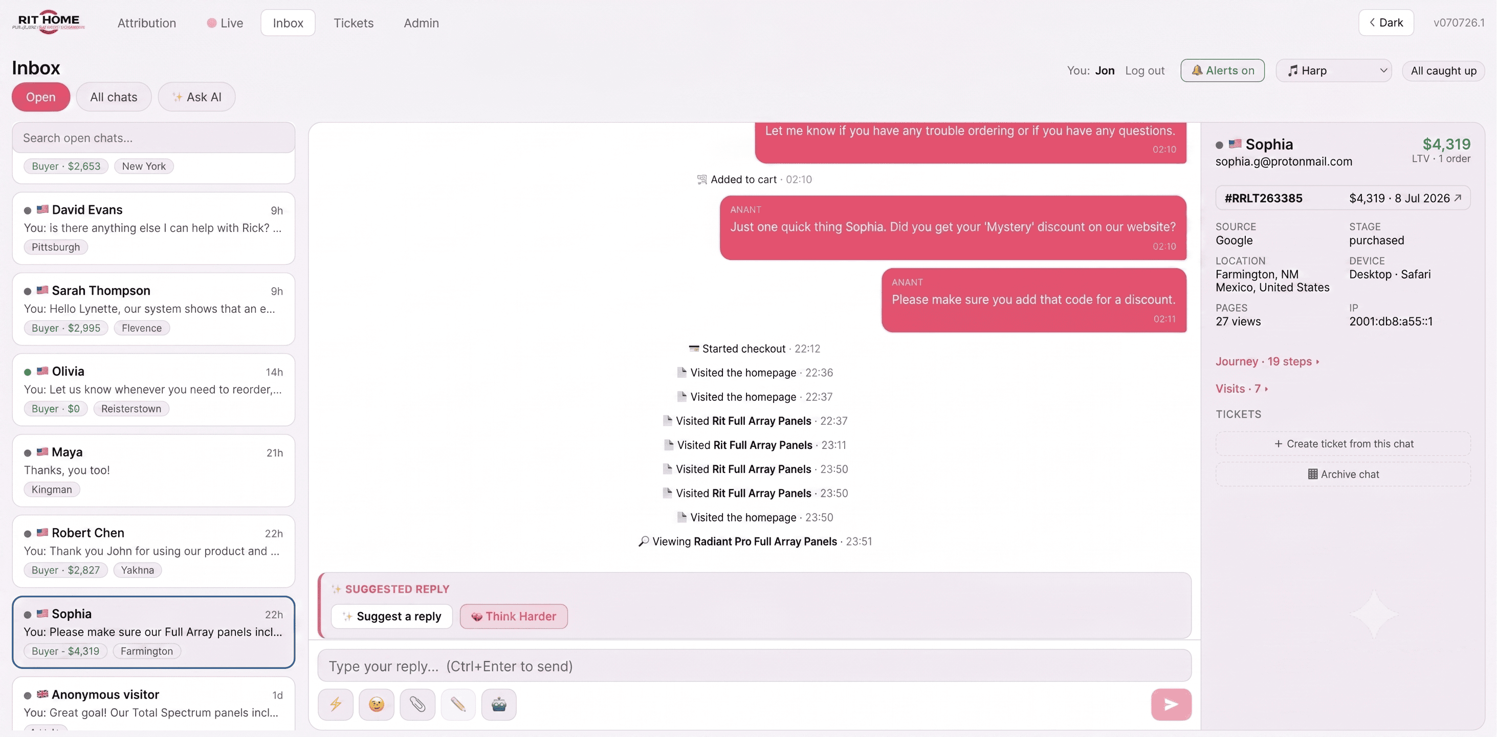 Conversion Fest Live Chat Inbox interface showing real-time conversations, visitor profiles, and suggested replies